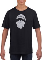 Kerstman hoofd Kerst t-shirt - zwart met zilveren glitter bedrukking - kinderen - Kerstkleding / Kerst outfit 110/116