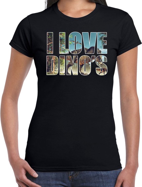 Tekst shirt I love dinosaurs met dieren foto van een dino zwart voor dames - cadeau t-shirt T Rex dinosauriers liefhebber M