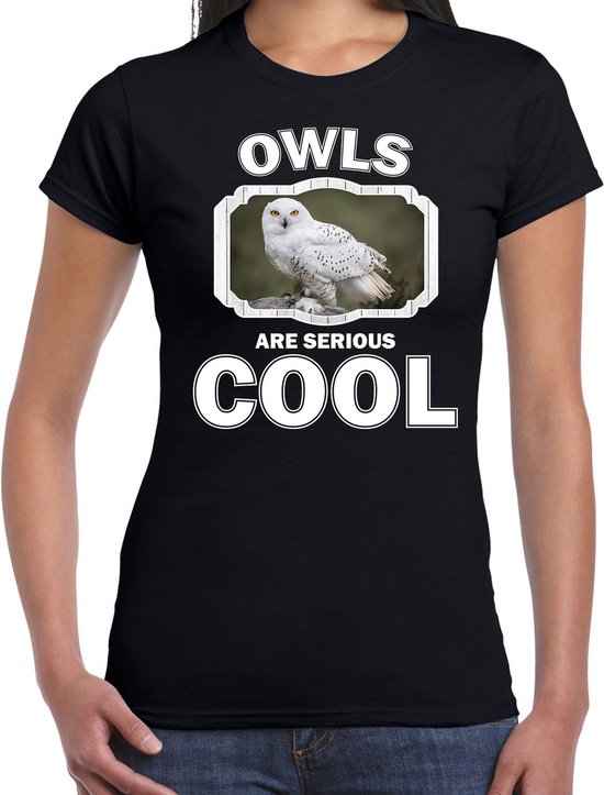 Dieren uilen t-shirt zwart dames - owls are serious cool shirt - cadeau t-shirt sneeuwuil/ uilen liefhebber L