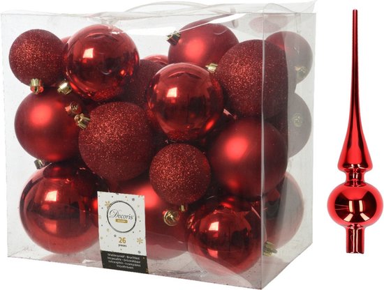 Kerstversiering kunststof kerstballen rood 6-8-10 cm pakket van 27x stuks - Met glans glazen piek van 26 cm