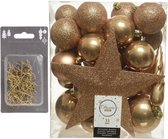 33x stuks kunststof kerstballen 5, 6 en 8 cm camel bruin inclusief ster piek en kerstbalhaakjes - Kerstversiering - Onbreekbaar