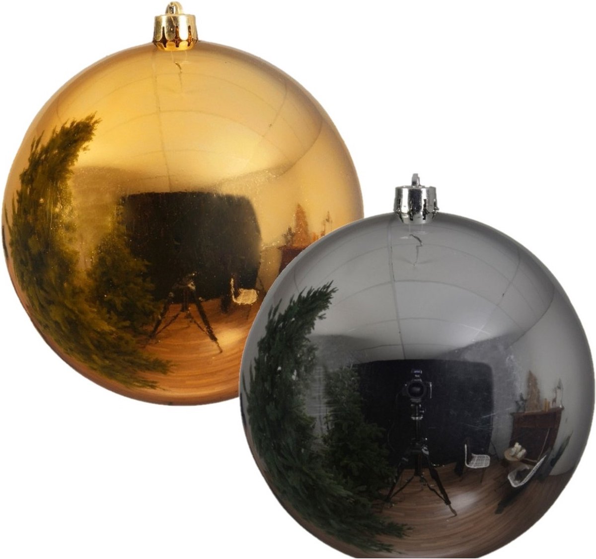 2x stuks grote kerstballen van 20 cm glans van kunststof goud en zilver - Kerstversiering