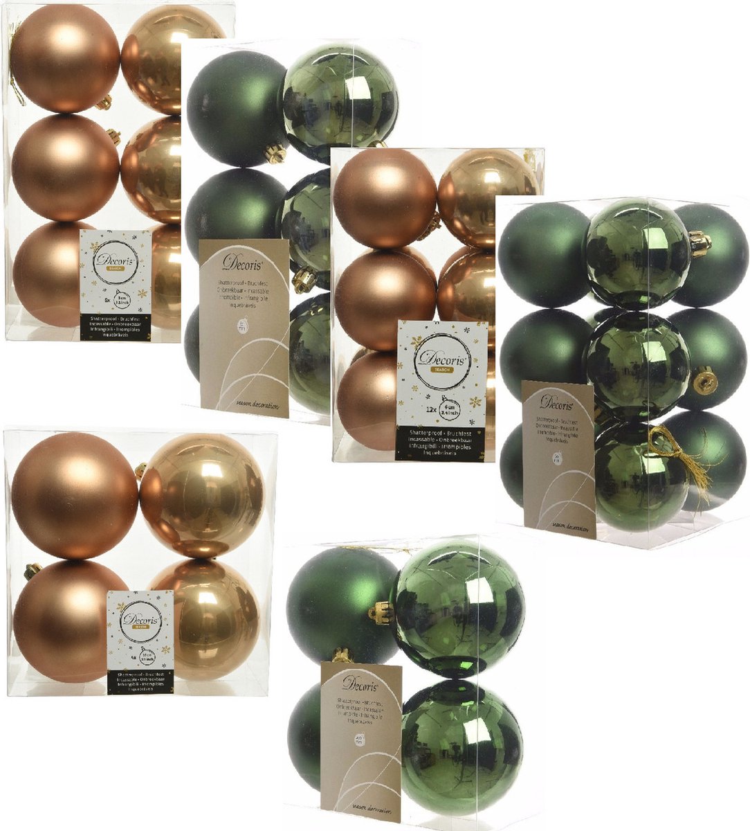 Kerstversiering kunststof kerstballen kleuren mix cognac/donkergroen 6-8-10 cm pakket van 44x stuks