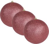 3x Grote koraal rode glitter kerstballen 18 cm - hangdecoratie / boomversiering glitter kerstballen