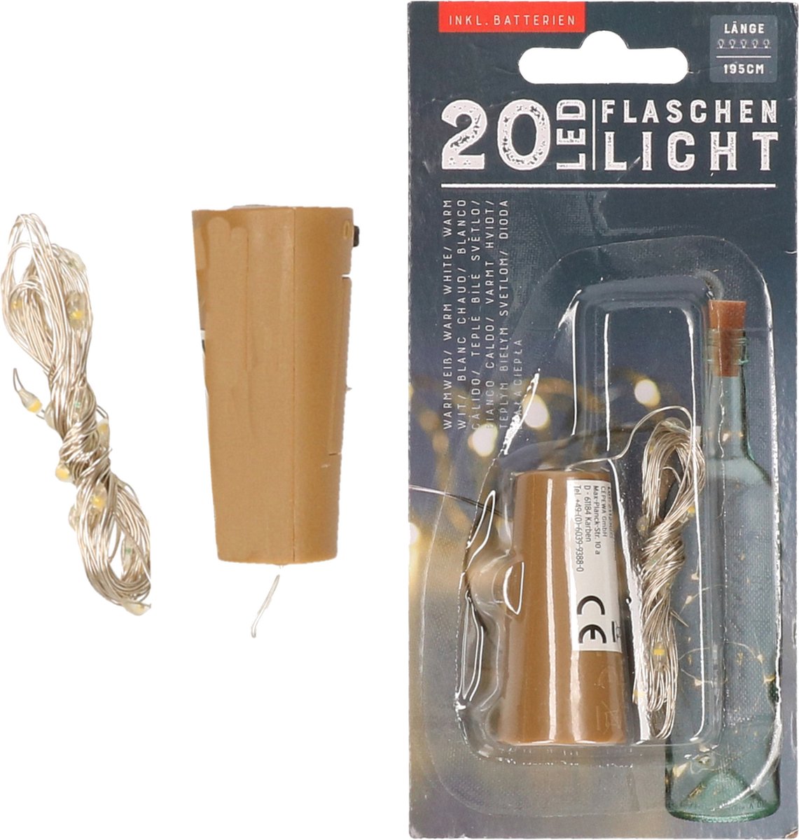 Set van 2x stuks kurk met LED lichtsnoer voor in wijnfles 195 cm - Flessen verlichting/lichtjes/led lampjes warm wit