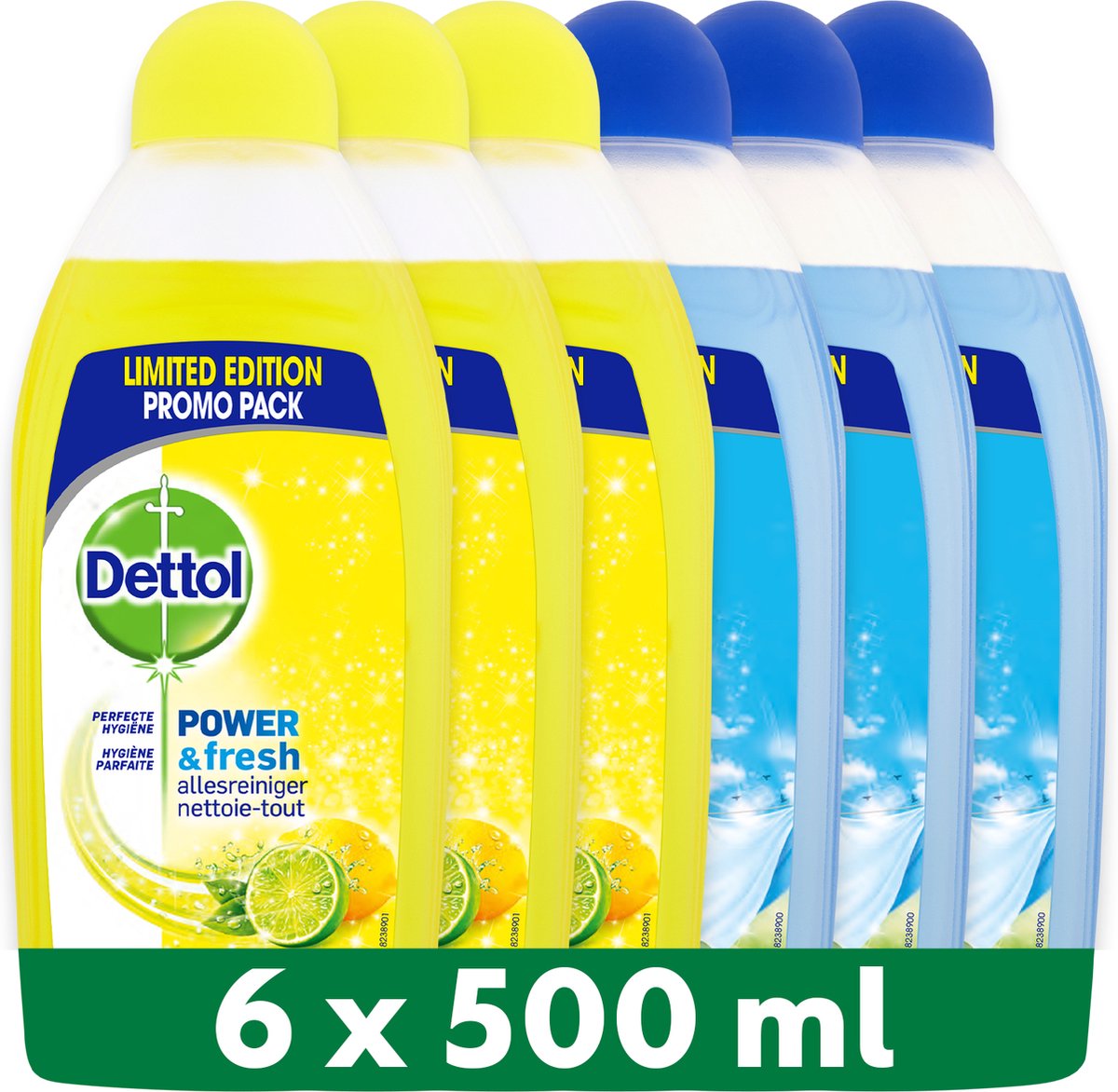 Dettol - 3L Allesreiniger Power & Fresh - Citrus 1x500ml - Katoenfris 1x500ml - Voordeelverpakking