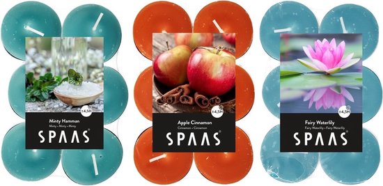 Candles by Spaas geurkaarsen - 36x stuks in 3 geuren - Mint Hammon - Waterlilly - Appel-Cinnamon