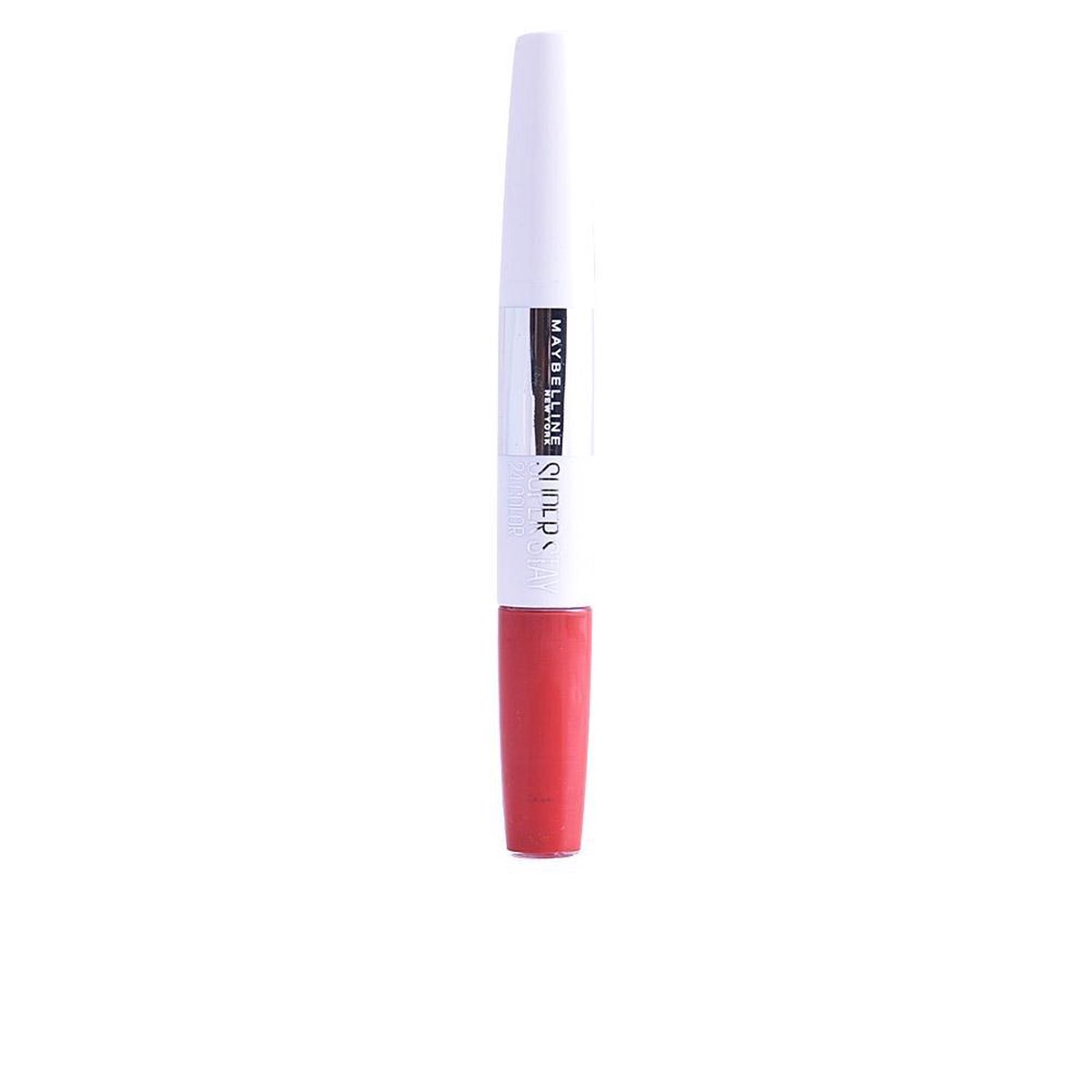 Dubbelzijdige lippenstift 'SUPER STAY 24H COLOR'. Rode dop en huls, witte huls. Stap 1 &amp; 2 op de dop.