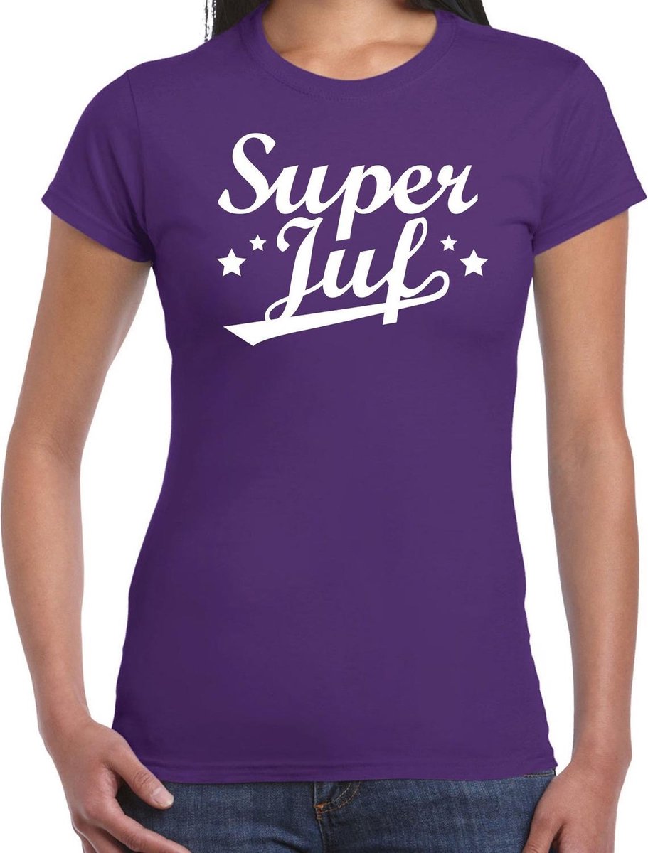 Afbeelding van product Bellatio Decorations  Super juf cadeau t-shirt paars voor dames - Einde schooljaar/ juffendag cadeau XL  - maat XL