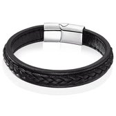 LGT Jewels Heren Armband Zwart Leer Gevlochten Edelstaal Sluiting-19cm