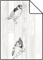 Proefstaal ESTAhome behangpapier pengetekende vogels op sloophout planken zwart en mat wit - 128834 - 26,5 x 21 cm