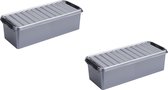 2x stuks opberg boxen/opbergdozen 9,5 liter metallic/zwart 48,5 x 19 x 14,7 cm - kunststof  - Praktische rechthoekige opslagboxen