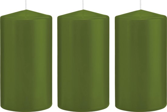 3x Olijfgroene cilinderkaarsen/stompkaarsen 8 x 15 cm 69 branduren - Geurloze kaarsen olijf groen - Woondecoraties
