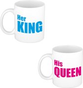 Sa reine et son roi cadeau tasse à café / tasse à thé blanc avec lettres majuscules roses et bleues - 300 ml - céramique - mariage / mariage / anniversaire - mugs cadeaux pour couples