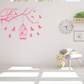 Muursticker Vogels Met Huisje - Roze - 60 x 47 cm - woonkamer slaapkamer baby en kinderkamer dieren