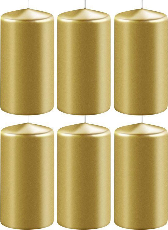 8x Metallic gouden cilinderkaarsen/stompkaarsen 6 x 15 cm 58 branduren - Geurloze kaarsen metallic goud - Woondecoraties
