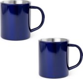 8x Drinkbeker/mok blauw 280 ml - RVS - Blauwe mokken/bekers voor onbijt en lunch