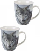 Set van 2x stuks wolven drink koffie mokken 400ml - Keramiek - Dieren koffie bekers