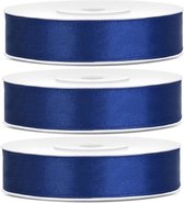 3x Hobby/decoratie donker blauwe satijnen sierlinten 1,2 cm/12 mm x 25 meter - Cadeaulinten satijnlinten/ribbons - Donker blauwe linten - Hobbymateriaal benodigdheden - Verpakkingsmaterialen