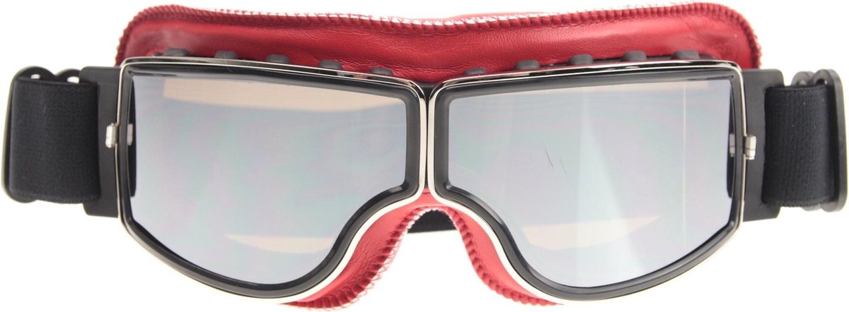 CRG Cruiser Motorbril - Rood Leren Motorbril - Retro Motorbril Heren - Zilver Reflectie Glas