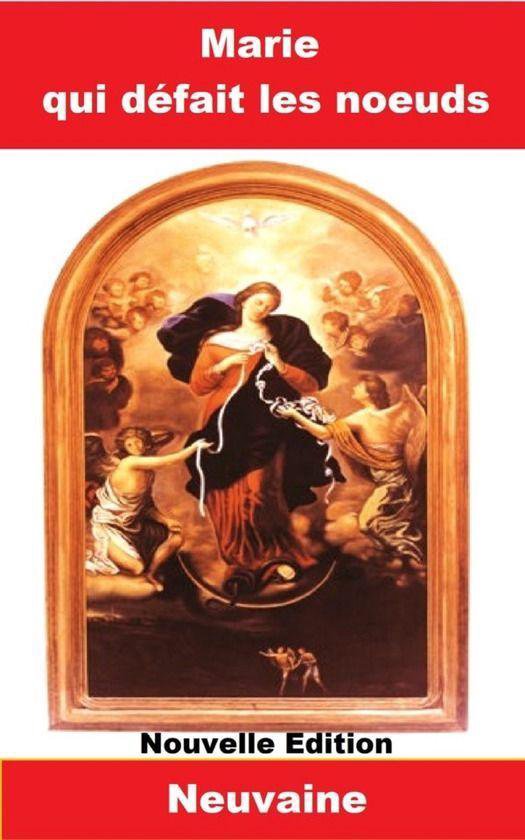 Couverture de livre avec une peinture de Marie qui défait les nœuds, entourée d'anges.