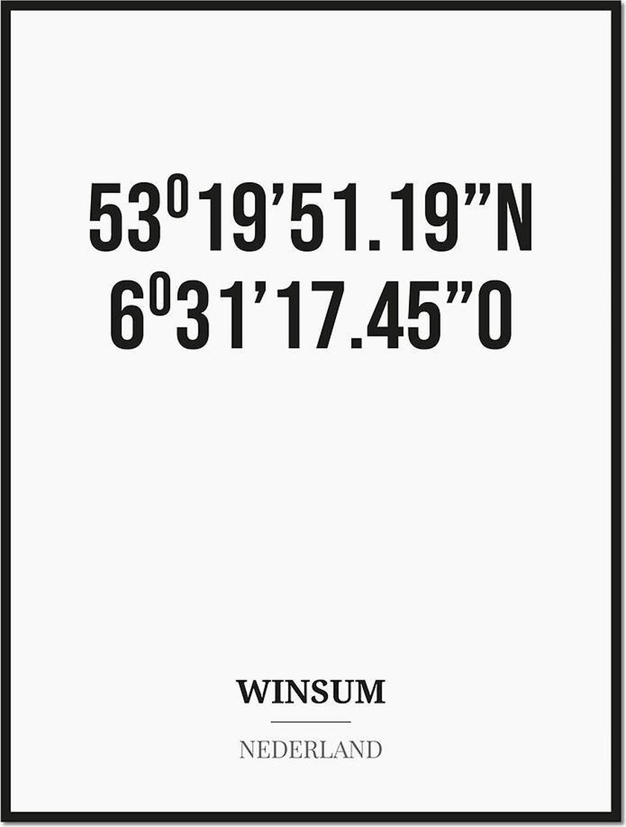 Studio216 Poster/kaart WINSUM met coördinaten zwart, wit