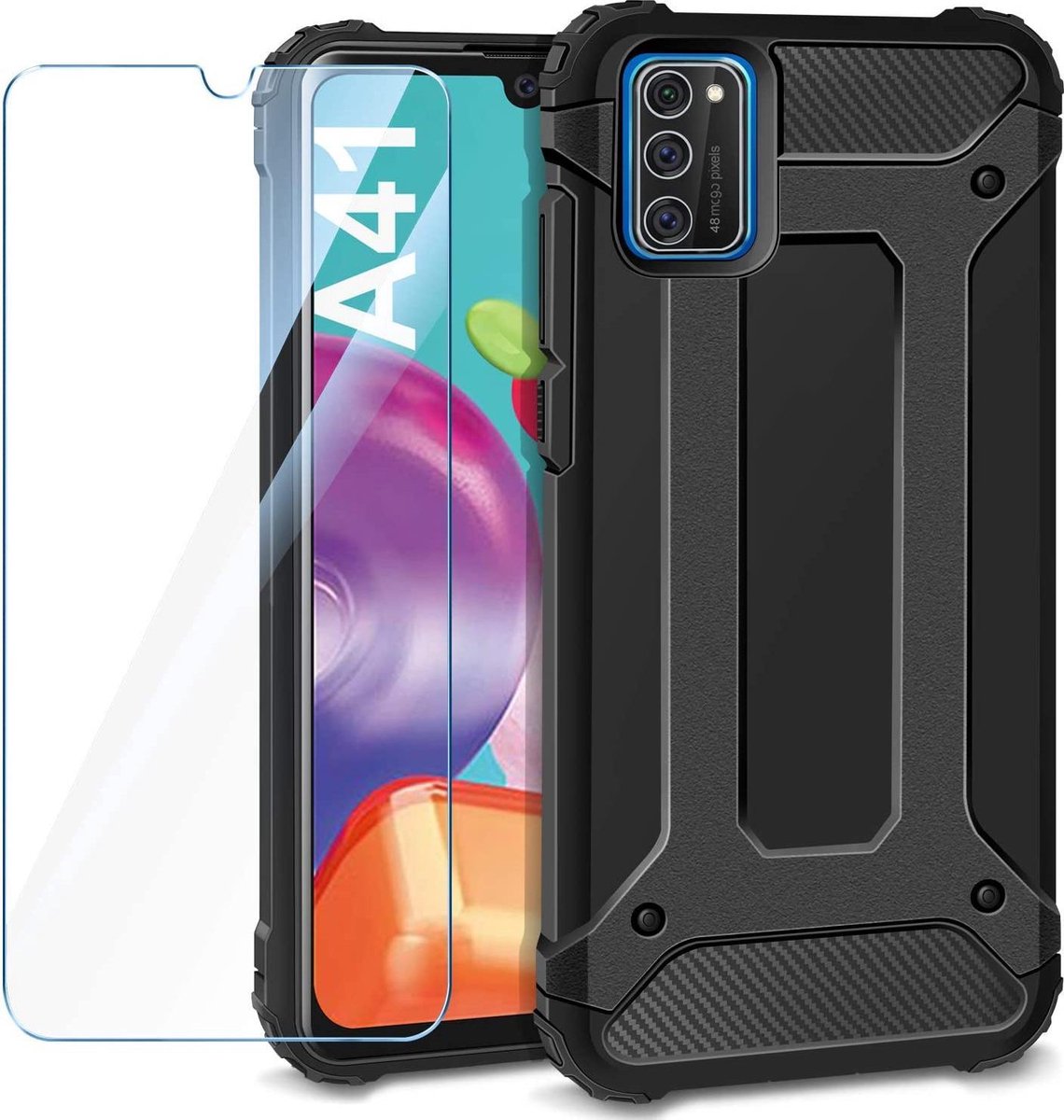 Hoesje Geschikt voor: Samsung Galaxy A41 Heavy Duty - Zwart + Tempered Screenprotector