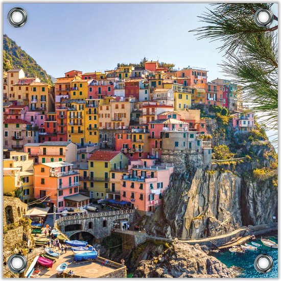 Tuinposter –Huisjes op Berg in Manarola - Italië– 80x80 Foto op Tuinposter (wanddecoratie voor buiten en binnen)