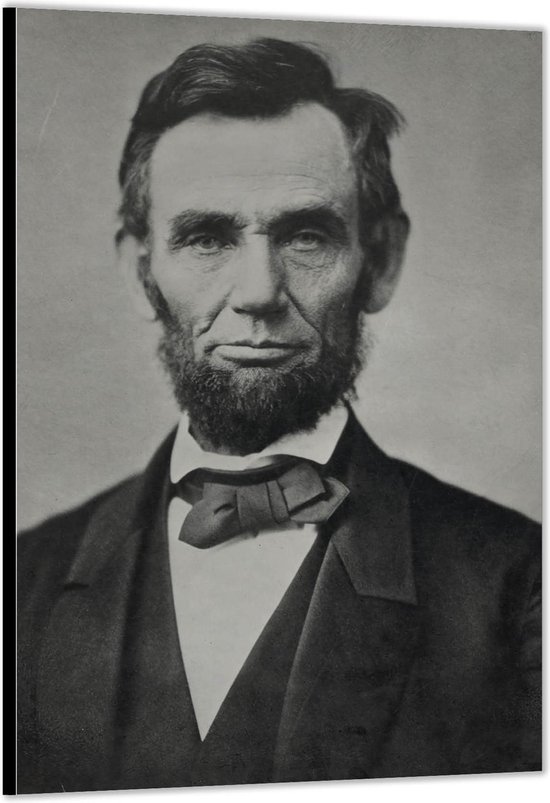 Dibond –Voormalige President Abraham Lincoln Zwart - Wit– 40x60 Foto op Aluminium (Wanddecoratie van metaal)