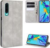 Voor Huawei P30 Retro-skin Business magnetische zuignap Case met houder & kaartsleuven & portemonnee (grijs)