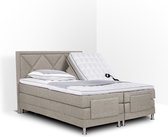 Boxspring Neo compleet, merk Olympic Life, elektrisch verstelbaar, 160 x 200 cm, beige, 18-delig met ruiten motieven hoofdbord