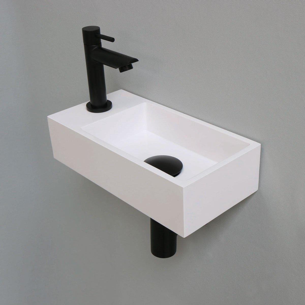 Fonteinset INK Versus Rechthoek Links 36x18x9cm Polystone Glans Wit Toiletkraan Sifon Plug Mat Zwart