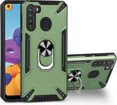 Voor Samsung Galaxy A21 PC + TPU-beschermhoes met 360 graden draaibare ringhouder (donkergroen)