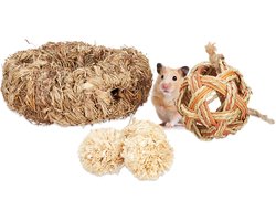 Set van 5 knaagdierspeelgoed - hamster accessoires, muis, gerbil gras tunnel & 4 ballen van stro/gras natuur.
