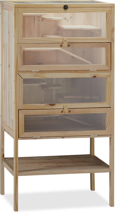 Hamsterkooi 3 etages houten knaagdierhok met klepjes - 120x60x40 cm - XXL natuurlijke knaagdierenkooi