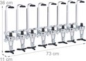 Gedetailleerde afmetingen van een wandmontage drankdispenser: 36 cm hoog, 73 cm breed, 11 cm diep.