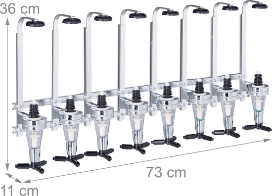 Gedetailleerde afmetingen van een wandmontage drankdispenser: 36 cm hoog, 73 cm breed, 11 cm diep.