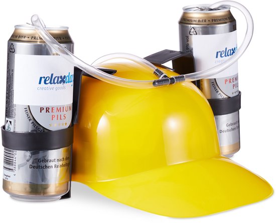 Feest drinkhelm - voor 2 blikjes - met slang - geel