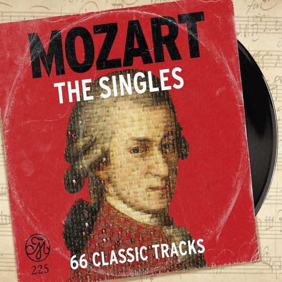Albumcover van 'Mozart The Singles 66 Classic Tracks' met portret van Mozart, gecreëerd uit kleine foto's. Rode achtergrond met songteksten.