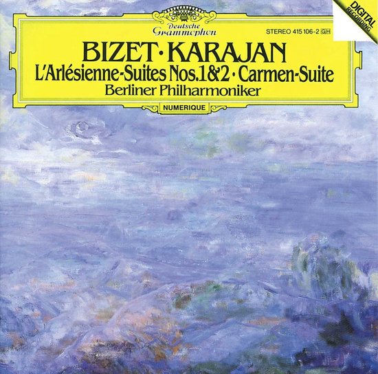 Albumcover met de tekst: BIZET KARAJAN L'Arlésienne Suites Nos.1&2 Carmen-Suite Berliner Philharmoniker NUMERIQUE.