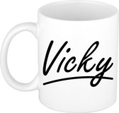 Vicky naam cadeau mok / beker sierlijke letters - Cadeau collega/ moederdag/ verjaardag of persoonlijke voornaam mok werknemers