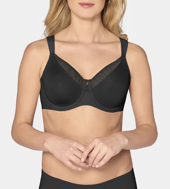 Zwarte beha met mesh-inzetstukken op de cups, gedragen door een model.