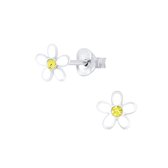 Joy|S - Zilveren bloem oorbellen - wit geel - 7 mm