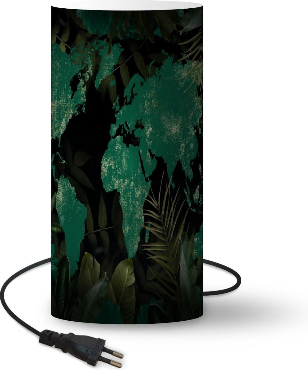 Lamp - Nachtlampje - Tafellamp slaapkamer - Wereldkaart - Groen - Bladeren - 33 cm hoog - Ø15.9 cm - Inclusief LED lamp
