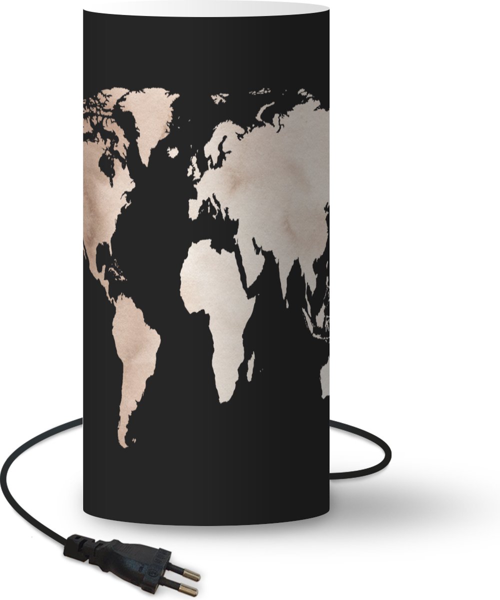 Lamp - Nachtlampje - Tafellamp slaapkamer - Wereldkaart - Bruin - zwart - 33 cm hoog - Ø15.9 cm - Inclusief LED lamp