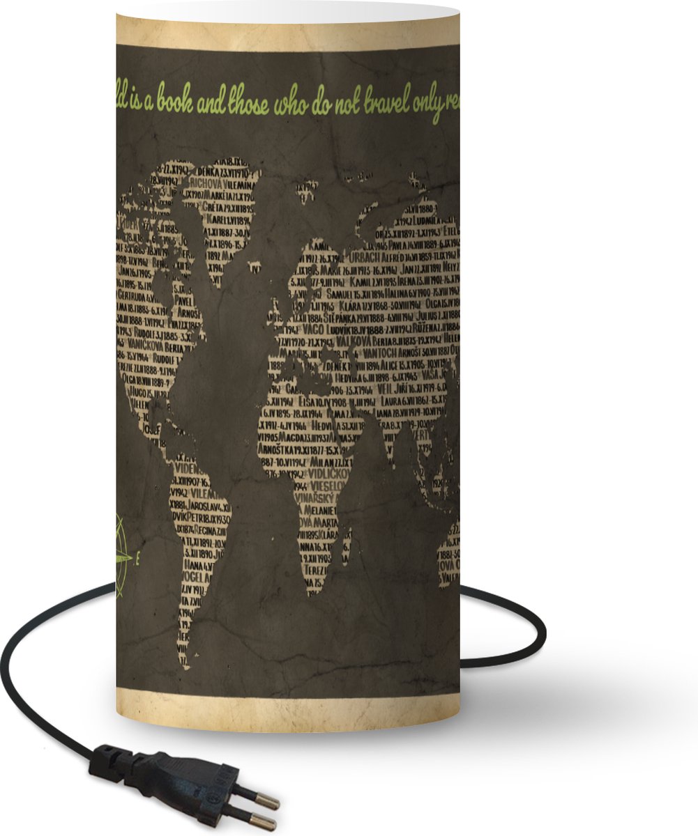 Lamp - Nachtlampje - Tafellamp slaapkamer - Wereldkaart - Quote - Boeken - 33 cm hoog - Ø15.9 cm - Inclusief LED lamp