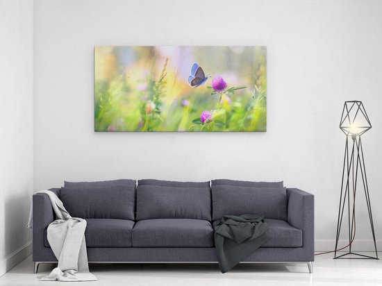 Artaza - Peinture sur toile - Papillon bleu avec une Bloem pourpre - 120 x 60 - Groot - Photo sur toile - Impression sur toile