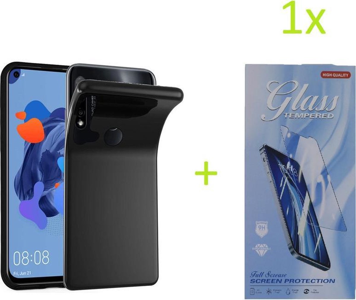 hoesje Geschikt voor: Huawei P20 Lite 2019 / Huawei Nova 5i TPU Silicone rubberen + 1 stuk Tempered screenprotector - zwart
