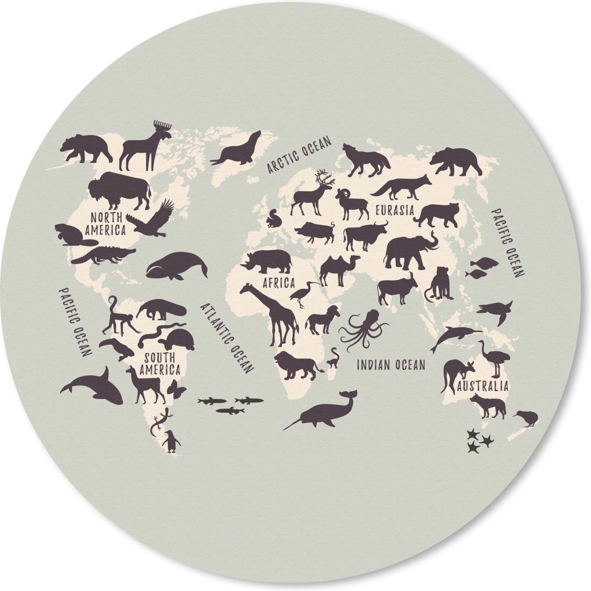 Muismat rond 40x40 cm - Mousepad Wereldkaart Kinderen - Dieren - Beige - Ronde muismatten