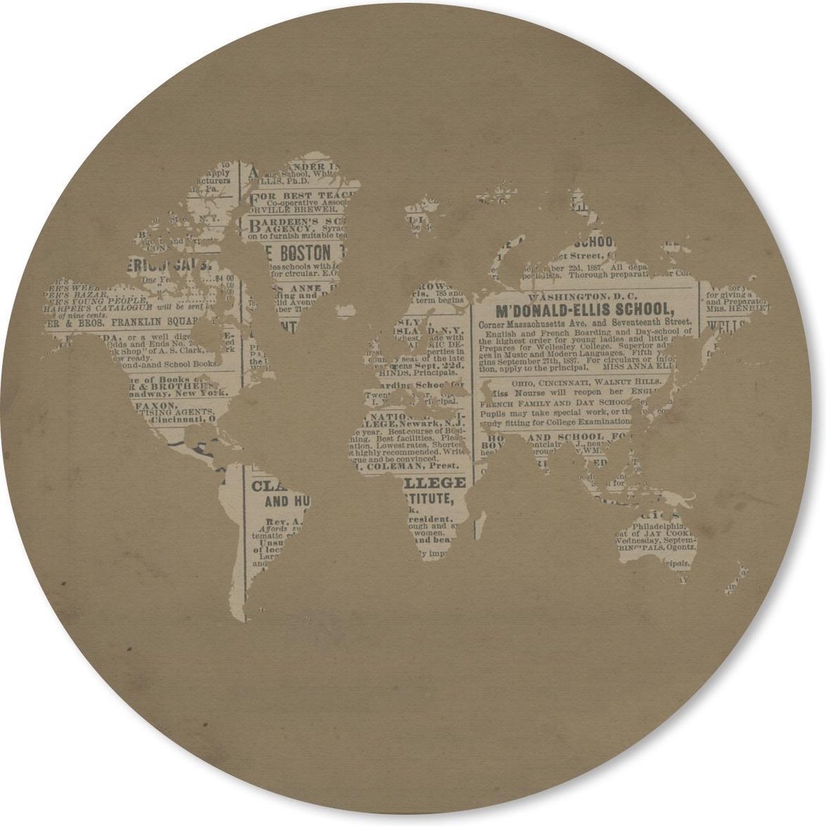 Muismat rond 40x40 cm - Mousepad Wereldkaart - Bruin - Krant - Ronde muismatten